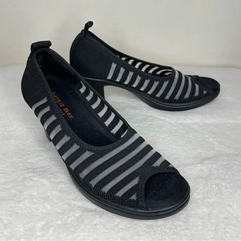 Bernie Mev Peep Toe Heels Stripe Open Toe Shoes Black Gray Size 38
